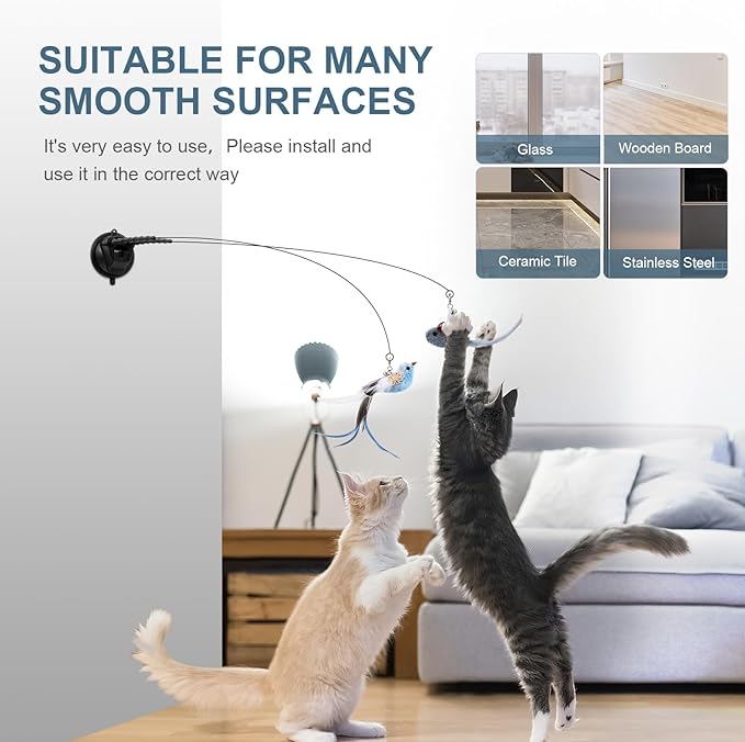 Interactive Bird Simulation Cat Toy Set -2 Teaser Poles, 4 Replacement Birds, 1 Feather & 1 Mouse - Self-Stick Base for Realistic Hunting Fun