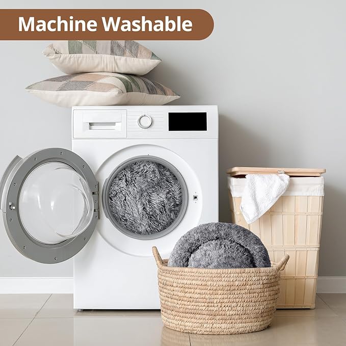 JOLLYVOGUE Calming Dog Bed Medium Size Dog, Anti-Anxiety Donut Medium Pet Bed, 31 inches Fluffy Faux Fur Round Cat Bed, Fits up to 45 lbs Pets (Smoke Black)