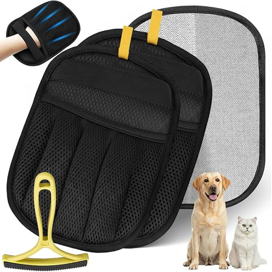 2 Pack Electrostatic Pet Hair Remover Glove with Cleaning Brush for Cats & Dogs, 2025 Upgraded Reusable 5-Finger Grooming Gloves – Magic Brush Tool for Furniture, Couch, Carpet, Car & Clothing (Black)