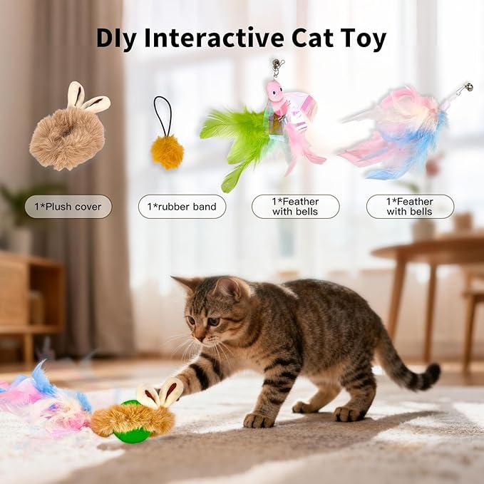 Interactive Cat Toy Ball, Automatic Cat Toys for Indoor Cats, Motion Activated Kitten Toys with 2 Replacement Tails, USB Rechargeable, Moving Cat Toys for Enrichment Exercise(Green)