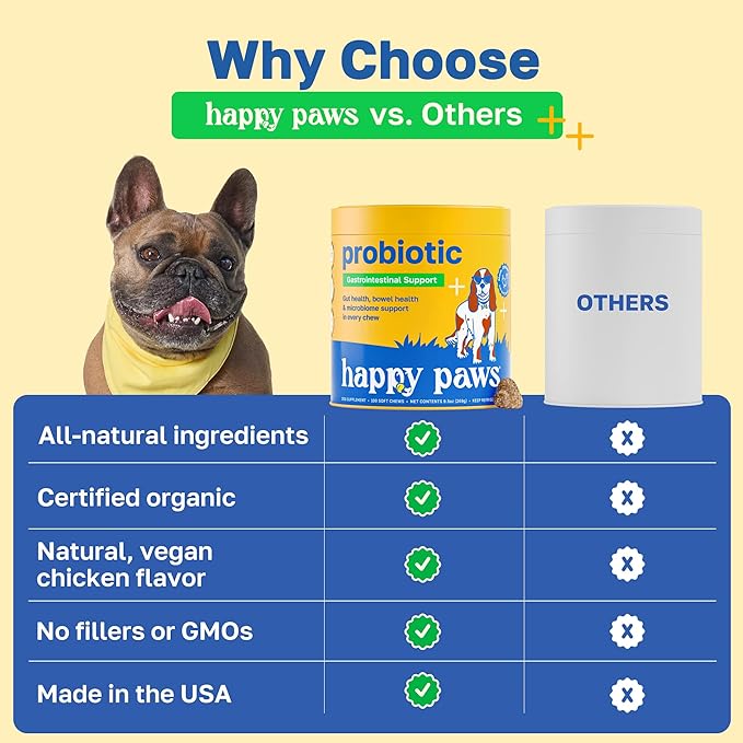 Happy Paws Probiotics for Dogs, Supplements for Gut, Skin, Coat & Immune Support for All Breeds & Ages, Made with Coconut Oil & Vitamin E, Vegan Chicken Flavor, Organic, Non GMO, 100 Soft Chews