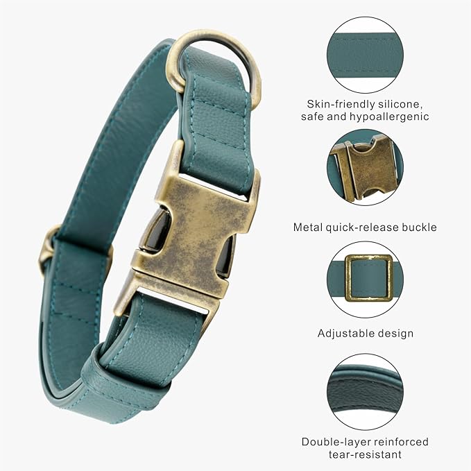 Silicone Dog Collar and Leash Set, Waterproof & Odor-Proof Dog Collar for Large Dogs, Soft Flexible Leather-Look Dog Collars, Durable Thick Adjustable Pet Collar (Green, Large (14.5-24" Neck))