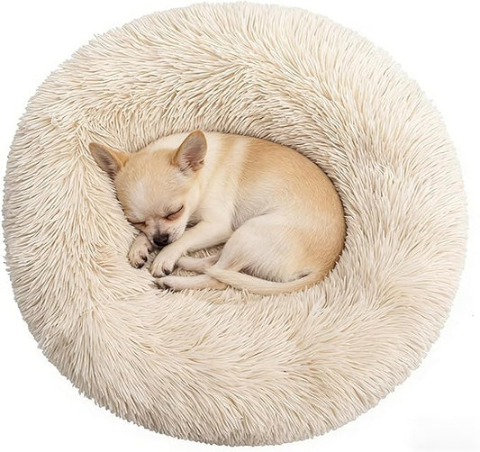 Calming Donut Dog Beds for Small Dogs Cats - Washable Removable Cover Non-Slip Bottom, Round Pet Bed Puppy Bed Warming Fluffy Faux Fur Anti-Anxiety, Fits up to 25 lbs (Beige, 23")