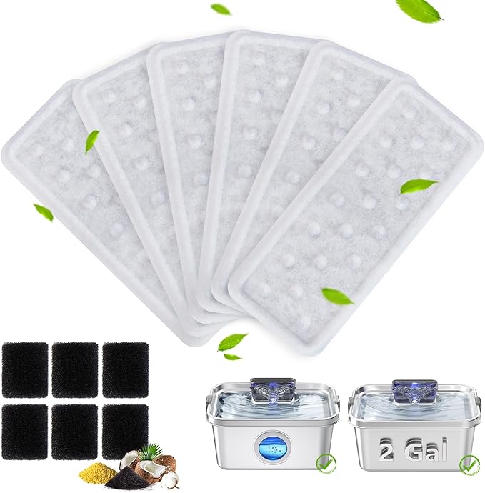 6 Pack Dog Water Fountain Filters and 6 Pack Sponges, Suitable for Stainless Steel Dog Water Fountain (PF-SS-01/PF-SS-02/PF-SS-03/PF-SS-04), High Efficiency Filtration, Idividual Package