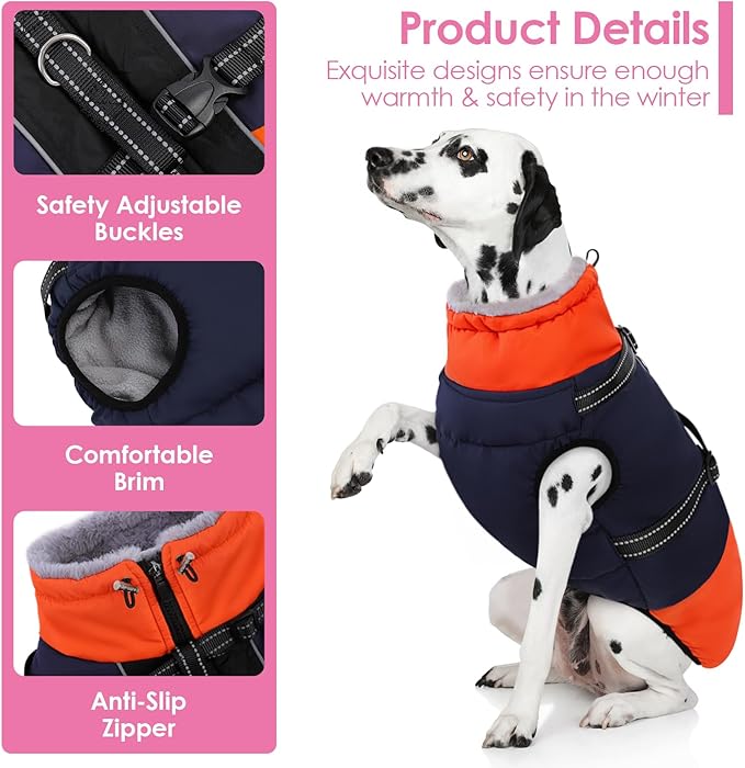 AOFITEE Dog Coat, Windproof Turtleneck Dog Jacket with Built in Harness, Reflective Dogs Jackets with Fleece Lining, Waterproof Pet Winter Coat for Cold Weather for Border Collie, Beagle, Blue XL