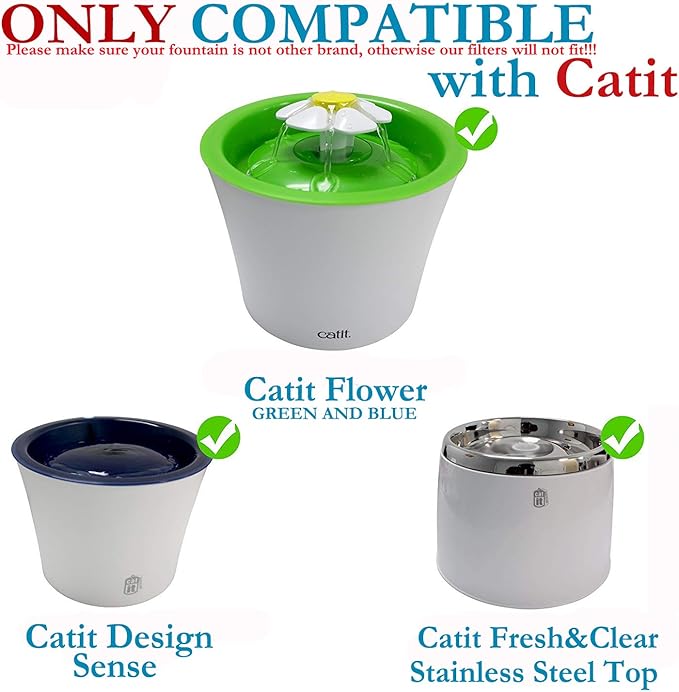 12 Pack Replacement Filters Compatible with Catit Flower Fountain/Stainless Steel, No Plastic Case, 40% More Activated Carbon, Dual-Action Design