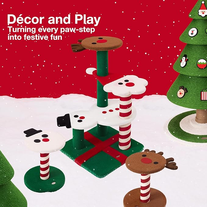 VETRESKA Christmas Cat Tree for Indoor Cats, 38.6" Multi Level Soft-Touch Cat Tower with Scratching Post, Large Scratching Post, Santa Claus, Reindeer and Snowman