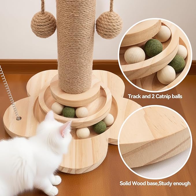 Cat Scratching Post, 4 in 1 Wooden Cat Scratcher Toy, 18.11" Tall Scratch Post with 2 Level Cat Track Balls, Interactive Feather Toy and 2 Sisal Hanging Balls for Indoor Kittens, Adult Cats