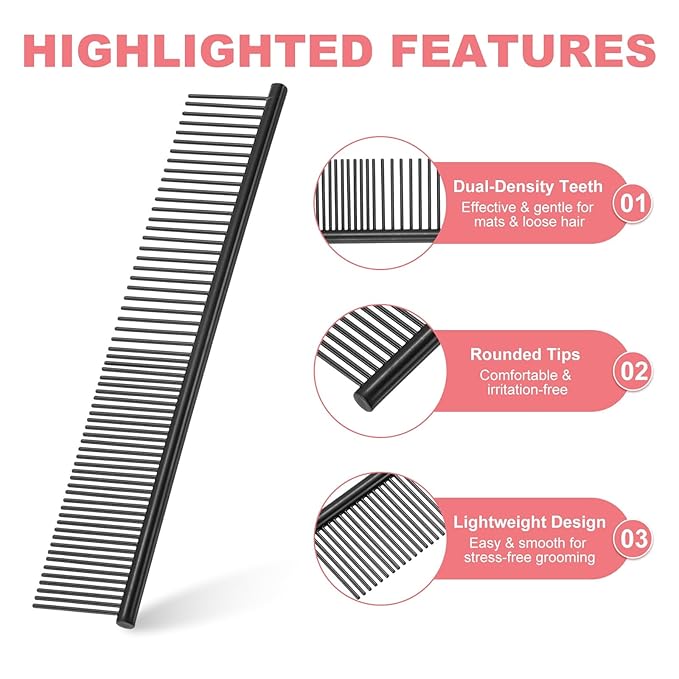 Dog Cat Comb, Pet Combs Stainless Steel Teeth with Rounded Ends for Knots Mats Loose Hair Removal, 7.5IN (Black Coated, 3 Pack), Grooming Tool Intended for Long Curly Hair Pet