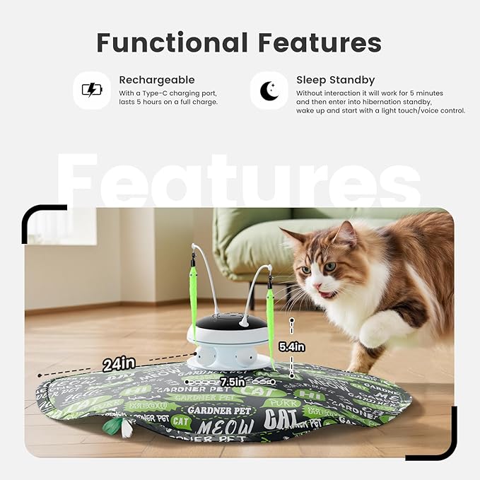 Interactive 5in1 Cat Toys Chargeable,Moving Feather,laser pointer,Track Ball,Hide and Seek,Real Bird Sing,Touch/Sound Activated Cat Kitten Toy Exercise Toys for Indoor Bored Cats w/ Replacement Parts