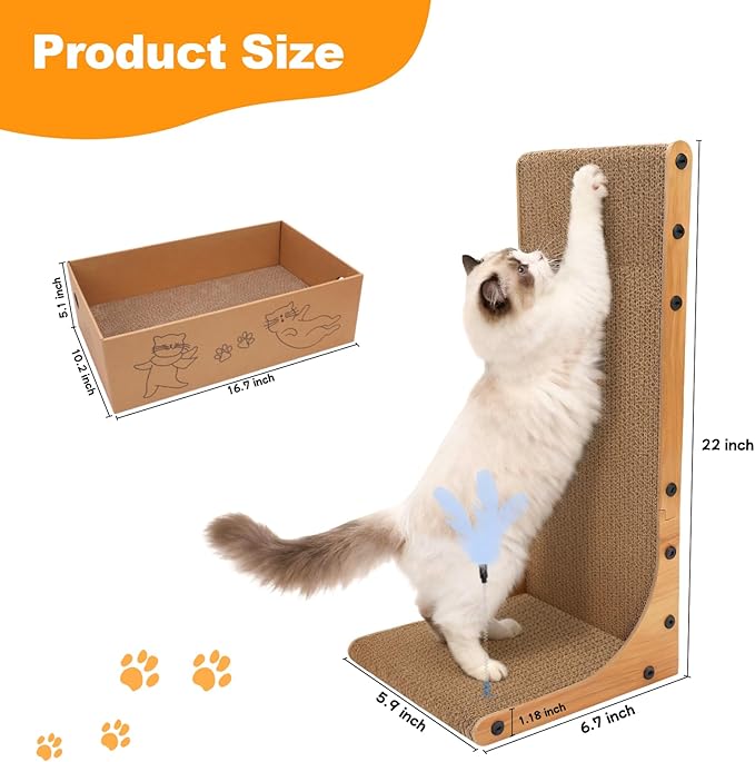 Cat Scratching Post, 3-in1 Scratching Board for Indoor Cats, 2PK 22in L-Shaped Cat Scratcher with 1PK Cardboard Box Scratch Pad, Cats Scratch Furniture Protector with Feathered Toy