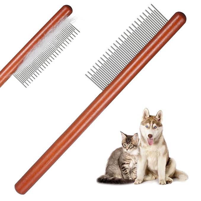 Cat Comb, Rabbit Dog Hair Brush Flea Lice Comb Deshedding Brush with Wood Handle, Fine Wide Teeth Remove Tangles, Shedding Fur Fleas Grooming Tool for Long Short Haired Cats Dogs Puppy Rabbits