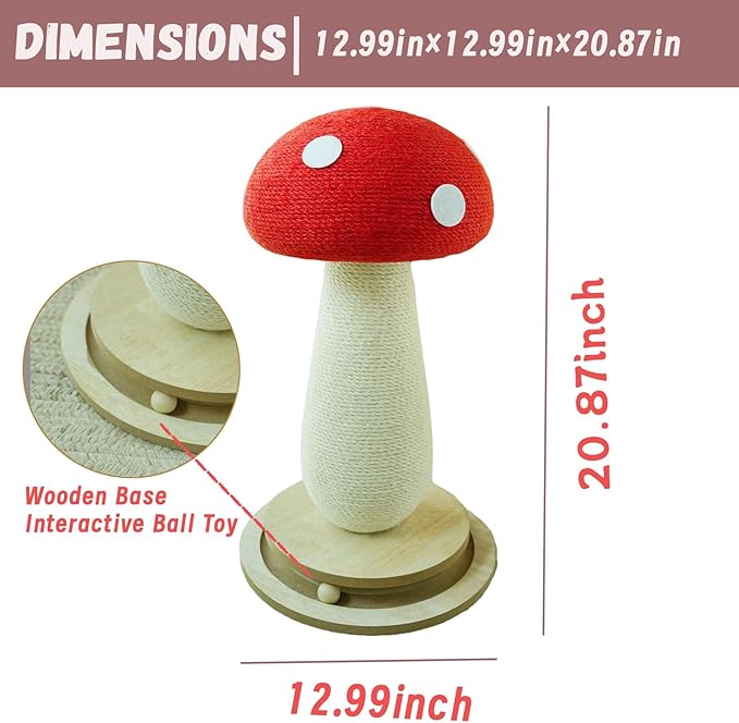 Mushroom Cat Scratching Post: 3-in-1 Sisal Scratcher with Bed & Ball - Sturdy Weighted Base, Space-Saving Design for Kittens & Cats