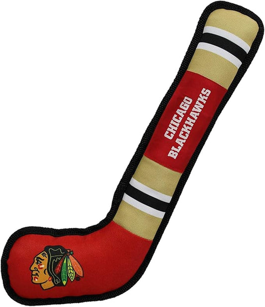 Pets First Dog Toy Tough Nylon with Inner Squeaker Licensed by NHL Chicago Blackhawks Hockey Stick Toy for Dogs & Cats. Play Hockey with Your Pet with This Licensed Dog Tough Toy