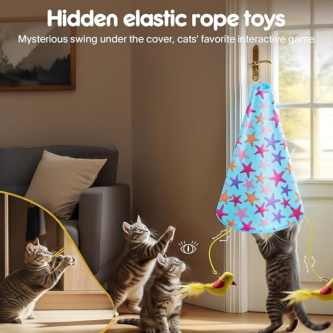 Interactive Cat Toys for Indoor Cats: 2 in 1 Automatic Hide and Seek Flying Bird Feather Wand Chirping Toy, Door Knob Moving Mouse Hunting Toys, Rechargeable Toys for Bored Kitten Adult Cats (Blue)