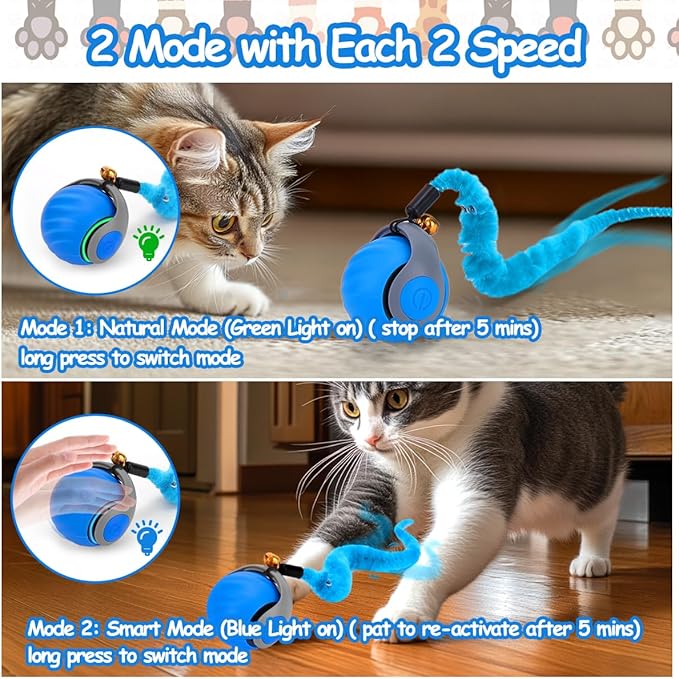2PCS Interactive Cat Toy Ball with Feather Tails - Speedy Cat Toys for Indoor Cats, Moving Stimulation Smart Cat Toy for Enrichment, Motion Activated Automatic Rolling Toys to Keep Them Busy Blue