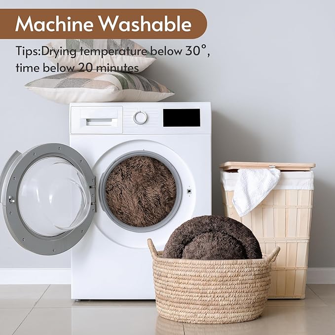 JOLLYVOGUE Calming Dog Bed Medium Size Dog, Anti-Anxiety Donut Medium Pet Bed, 27 inches Fluffy Faux Fur Round Cat Bed (Coffee)