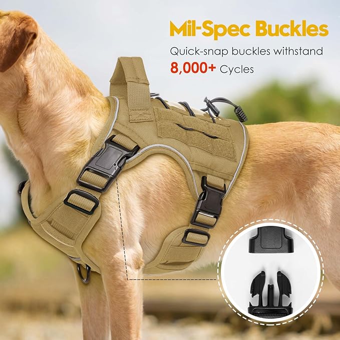 Heavy-Duty Tactical Dog Harness for Large Dogs, No Pull Adjustable Reflective Pet Vest with Molle System, K9 Military-Grade Control for Service Training, Outdoor & 10+ Breeds, Khaki, Medium