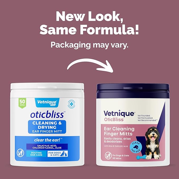 Vetnique Oticbliss Cat & Dog Ear Wipes - Dog Ear Infection Treatment or Dog Ear Cleaner Wipes for Dirty, Waxy, Smelly Dog Ears, Odor Control with Aloe Vera & Salicylic Acid (Finger Mitt Ear Wipes)