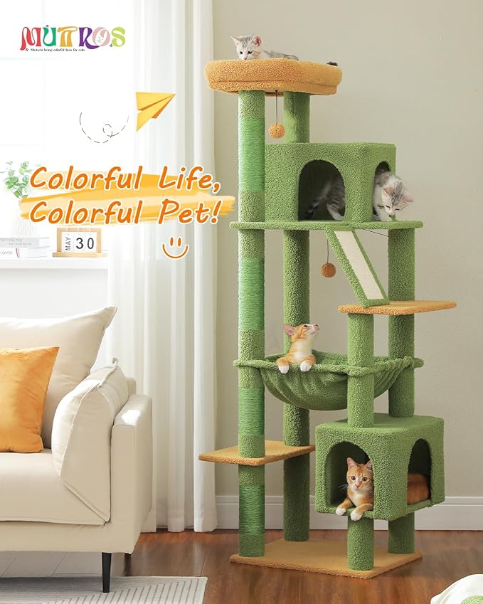 Cactus Tall Cat Tree 71" for Large Cat 20 lbs with Super Large Hammock, Heavy Duty Cat Tower with 4 Sisal Scratching Posts & 2 Spacious Condos for Big Adult Cats Maine Coon-Green
