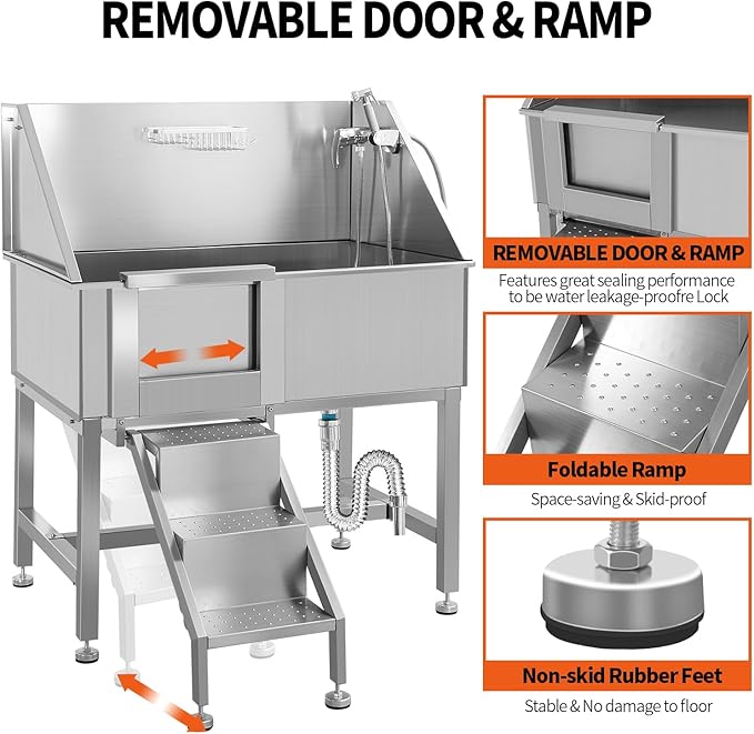 38" Stainless Steel Dog Washing Stations for Large Dogs, Pet oming Tub for Home, Professional Pet Bathtub Bathing Station, Cat Wash Station, Dog Shower Tub with Stairs, Drain & Door,L-Door