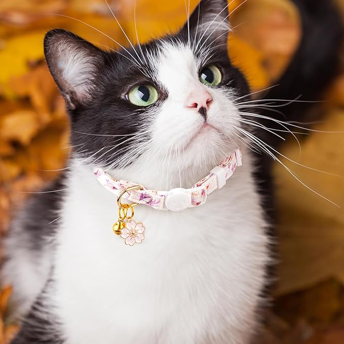 2 Pack Cotton Breakaway Cat Collar White and Blue Flowers Pendant Cute Kitten Cat Collar with Bell