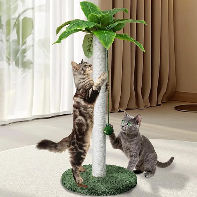 Meowoou Cat Scratching Post 33 Inch Tall Cat Scratcher for Indoor Cats Adults,Palm Tree Sisal Rope Kitten Scratch Tower with Interactive Hanging Ball White