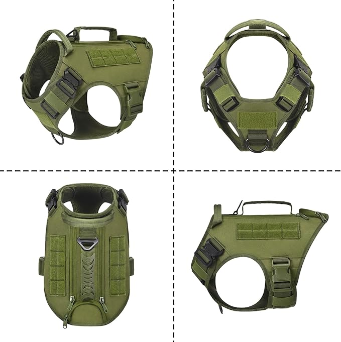 Tactical Dog Backpack Harness for Large Breed Original Design Metal Buckle Vest with Side Bags Pouches for Service Working Training (Green(Vest only), XL)