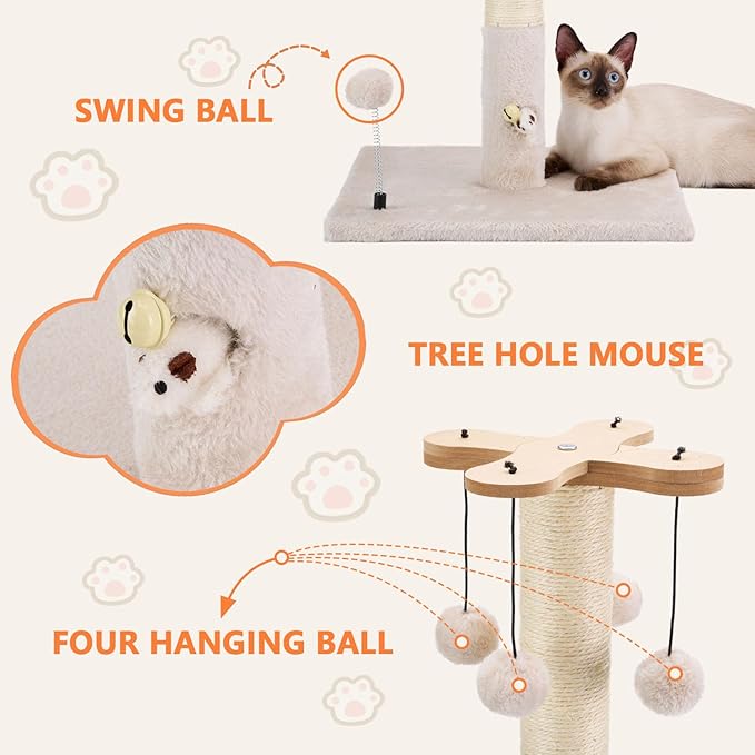PAWSFANS Cat Scratching Post for Indoor Cats and Kittens,30inches Tall Sisal Scratch Posts with Four Hanging Ball Toys and Reinforce The Stable Base Beige