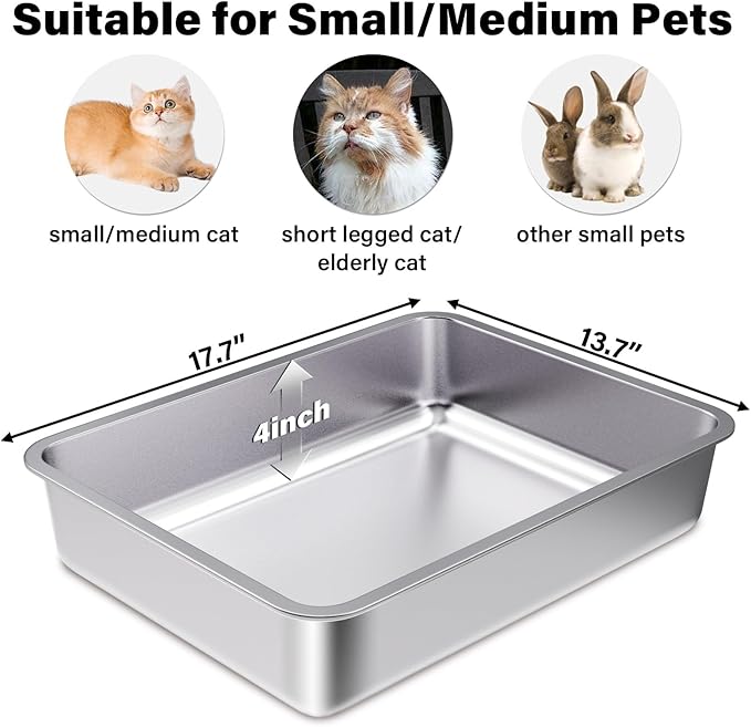 Stainless Steel Cat Litter Box 4in Low Entry,Metal Litter Box for Small Cats/Kitty Easy to Clean,Cat LitterBox for Kitten Elderly Cats,Non Stick, No Smell