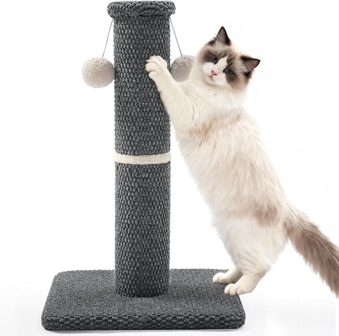 Made4Pets Tall Cat Scratching Post, 23.6" Modern Cat Scratcher with Hanging Balls, Heavy Duty and Thicker Scratching Post for Indoor Cats Adults, Sturdy Base Cat Scratch Post, Dark Grey