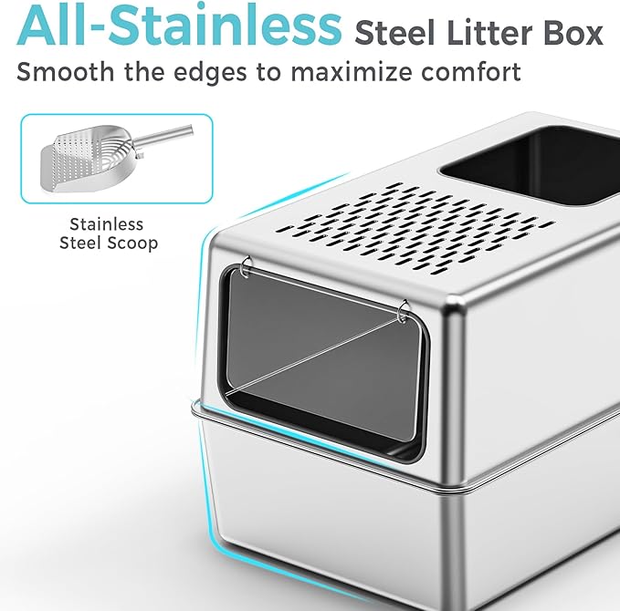 Large Enclosed Stainless Steel Litter Box with Lid, 19.7"x13.8"x13.8" High Sided Metal Cat Litter Box for Indoor Cats, Covered Dog Proof Kitty Litter Pan, Odor Free Tray, Non Sticky, L