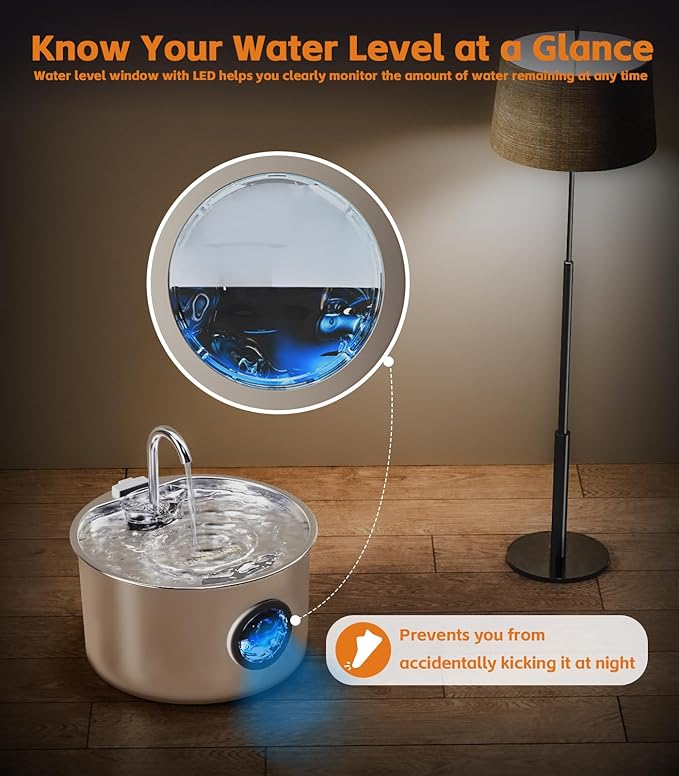 108oz/3.2L Stainless Steel Cat Water Fountain with Detachable Tank, Easy to Clean & Assemble, Pet Drinking Dispenser with Quiet Operation & LED Light, Gifts for Christmas, Cats, Dogs and Small Pets