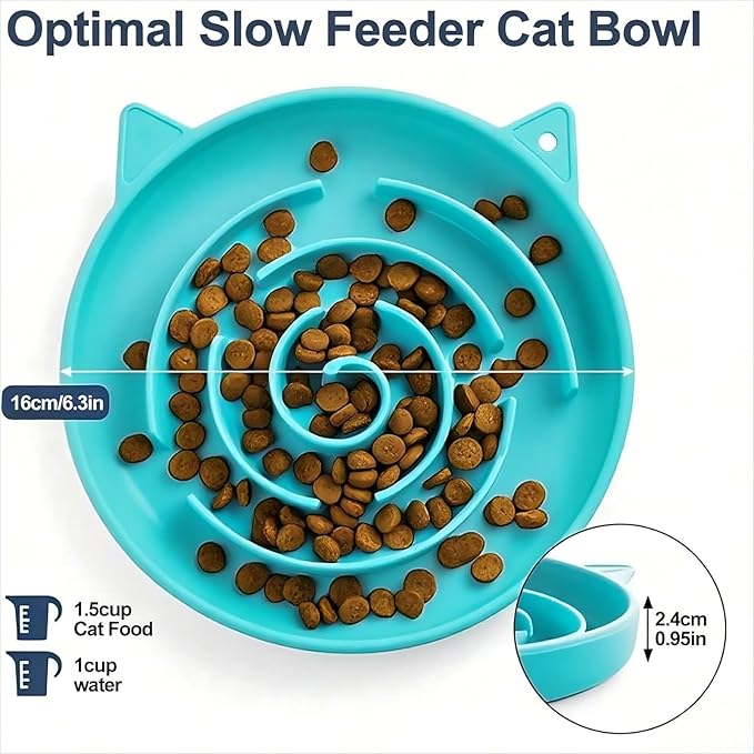 Slow Feeder Cat Bowl, Durable Anti-Gulping Cat Food Bowl for Healthy Digestion, Maze Design Easy to Clean for Wet/Dry Food(Gyan) (Cyan)