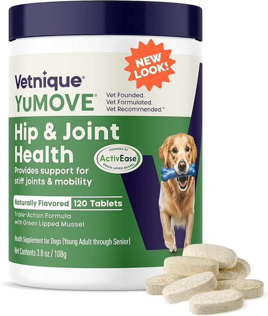 Yumove Hip & Joint Supplement for Dogs with Glucosamine, Hyaluronic Acid, Green Lipped Mussel & Omega 3 Joint Supplement - Regular or Advanced Strength (120 Count, Chewable Tablets)