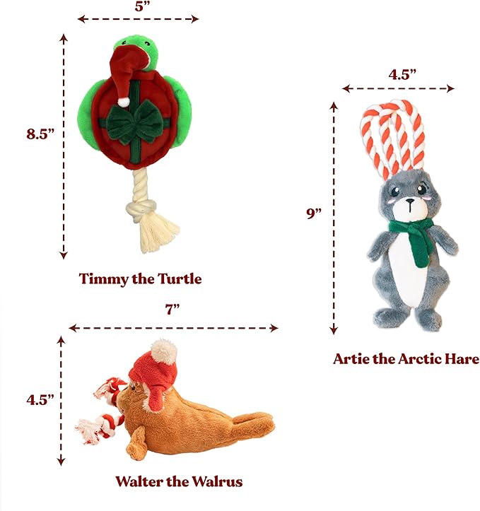 Dog Toys | Holiday Plush Toy Bundle - Walrus, Hare, Turtle Stuffed Animal for Dogs (Value 3-Pack) | Small Eco Friendly Toy - Easy to Clean and Made from Non Toxic Materials