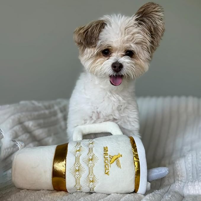 Haute Diggity Dog Holiday Snuggly Cup Plush Dog Toy for Small, Medium & Large Dogs, Interactive Funny Christmas Squeaky Toys, Soft, Durable, Machine-Washable, Safe & Cute Birthday Gift for Dogs, Ivory