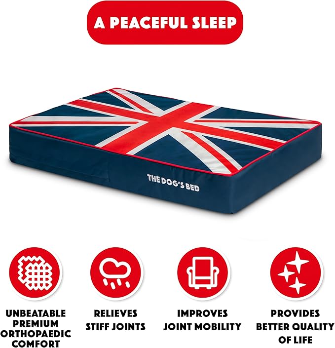 The Dog’s Bed Orthopedic Memory Foam Dog Bed, Large Blue & Red Trim UK Center Flag, Pain Relief for Arthritis, Hip & Elbow Dysplasia, Post Surgery, Supportive, Waterproof Washable, Veterinary Approved