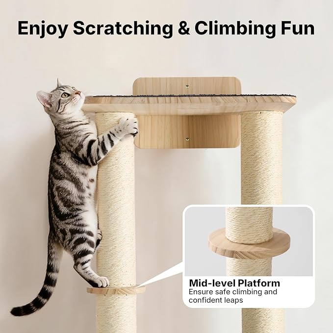 Veehoo Wall Mounted Cat Scratcher, 57" Tall Cat Wall Scratcher with Dual Sisal Scratching Posts and Large Carpeted Perch, Corner Climbing Pole for Indoor Cats