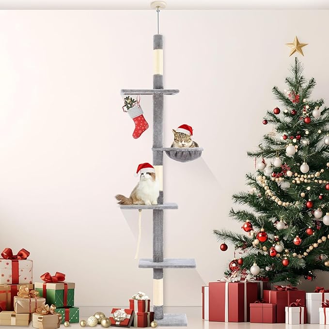 Cat Tree 5-Tier Floor to Ceiling, Cat Climbing Tree for Indoor Cats, 89-109 Inch Adjustable Height Cat Tower with Cozy Hammock, Grey
