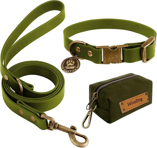 Wisedog Dog Collar and Leash Set, Waterproof Adjustable Puppy Collars with Cute Tag 5FT Dog Leash with Poop Bag for Small Medium Large Dogs (M, Green)