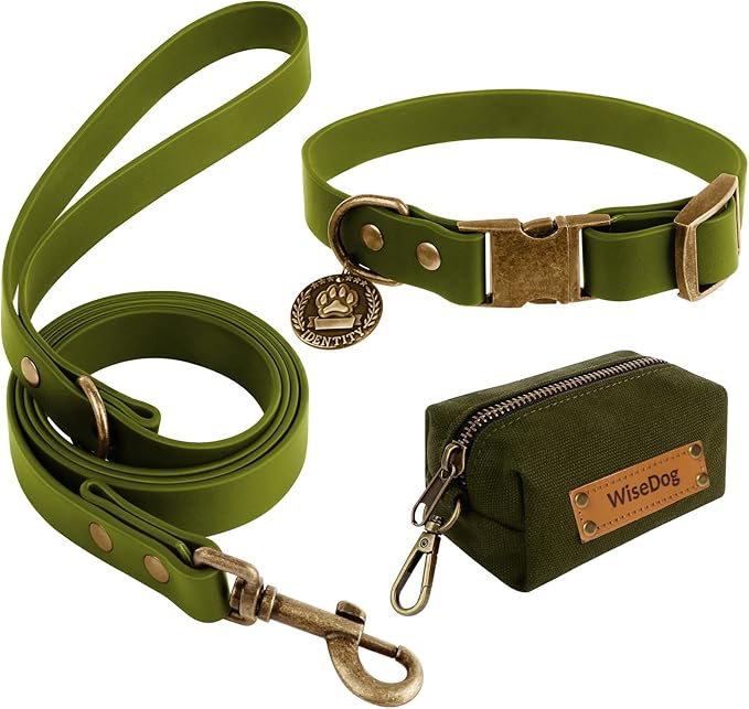 Wisedog Dog Collar and Leash Set, Waterproof Adjustable Puppy Collars with Cute Tag 5FT Dog Leash with Poop Bag for Small Medium Large Dogs (L, Green)