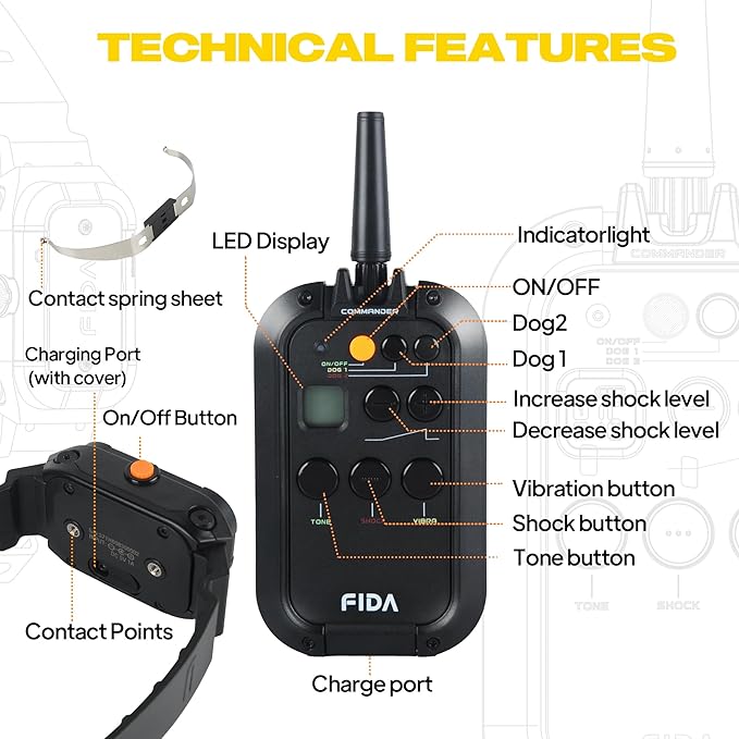 Fida Dog Shock Collar with Remote 3/4 Mile Range E Collar for Dogs Training, IPX7 Waterproof Rechargeable Dog Training Collar for Medium Large Dogs with 3 Modes: Viberation/Beep/Safe Shock(16 Levels)