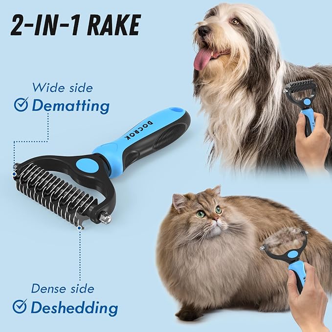 Pet Grooming Combo - Blue Deshedding Brush with Metal Comb for Detangling and Dematting Long, Matted Fur on Cats and Dogs