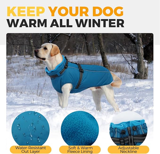 Lelepet Dog Coat for Large Dogs Waterproof Dog Jacket with Harness Built in Reflective Windproof Fleece Jacket with Zip Cold Weather Coats for Dogs,Thermal Outdoor Snowsuit, Weimaraner, Blue, XXL