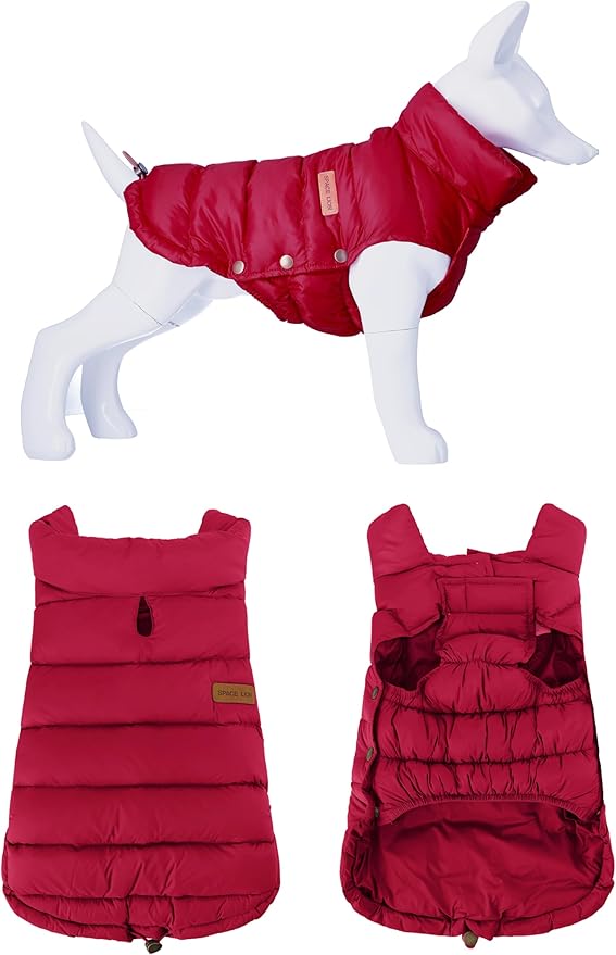 SPACE LION Dog Puffer Jacket, Down Winter Coat, Durable Outdoor Coat for Cold and Windy Conditions, Lightweight & Adjustable Fit Coats for Large Dogs, (Red, Size24/2XL)