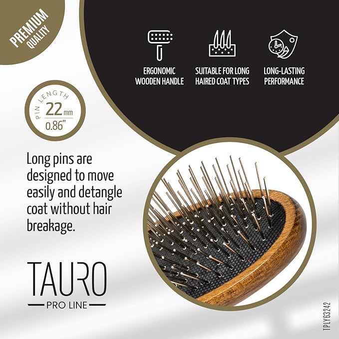 Tauro Pro Line Wooden Dog Brush for Long & Short Hair - Deshedding & Detangling Brown Massage Brush for Dog & Cat Grooming - Oval Flexible Cushion & Lightweight, Ideal for All Coat Types, S