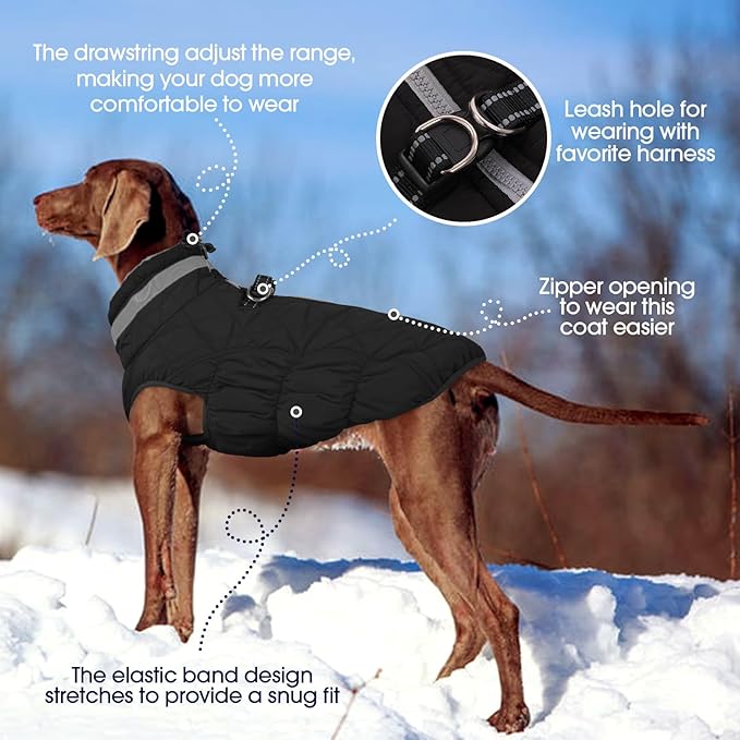 FUAMEY Dog Coat for Small Dogs,Waterproof Dog Winter Jacket with Harness Built in Puppy Cold Weather Coats Reflective Pet Vest with Zipper Warm Fleece Dogs Snowsuit Windproof Solid Black XS