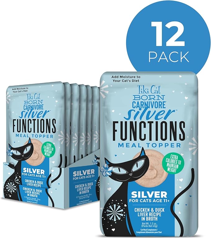 Tiki Cat Born Carnivore Functions Silver, Chicken & Duck Liver Recipe in Broth, High Protein Formulated for Senior Cat Diets, Mousse Cat Food Topper for Older Cats 11+, 1.5 oz. Pouch (12 Count)