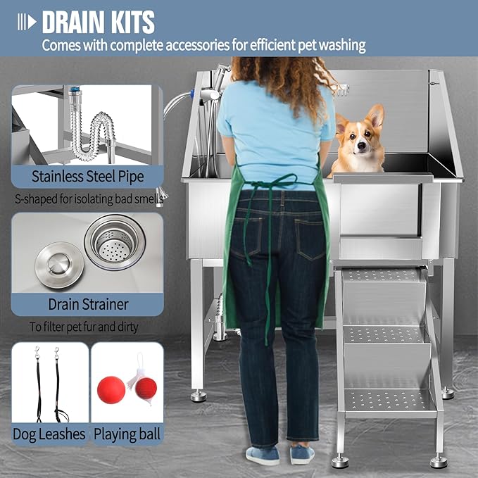 38" Pet Dog Bathing Station W/Ramp, Professional Stainless Steel Dog Grooming Tub W/Soap Box, Faucet, Rich Accessory, Dog Bathtub for Large, Medium, Small Pets, Washing Sink for Home,R-RAMP